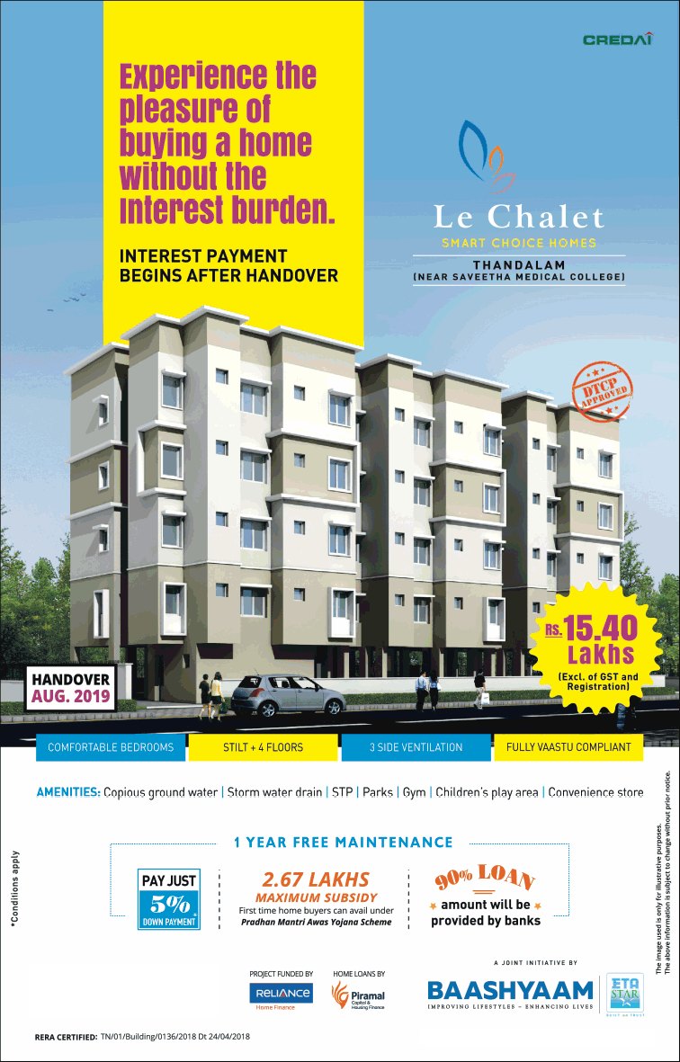 Pay just 5% down payment to book home at Baashyaam Le Chalet in Chennai